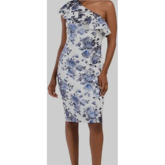 New ELIZA J Metallic One Shoulder Floral Print Ruffle Pencil Dress White Blue 2 - Picture 1 of 11